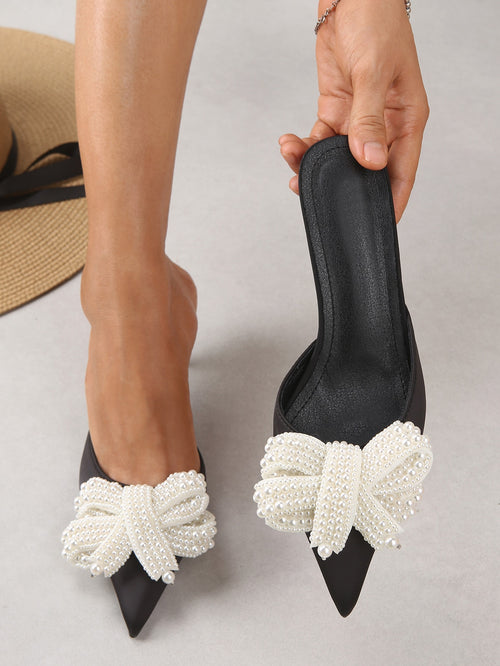 Bow Decor Point Toe Mule Pumps Valentines,Elegant,Party Outfits