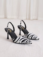 Zebra Stripe Satin Point Toe Pyramid Heeled Slingback Pumps, Women's Elegant Zebra-Print High Heeled Shoes With Black And White Slingback Strap, Elegant, Party