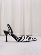 Zebra Stripe Satin Point Toe Pyramid Heeled Slingback Pumps, Women's Elegant Zebra-Print High Heeled Shoes With Black And White Slingback Strap, Elegant, Party
