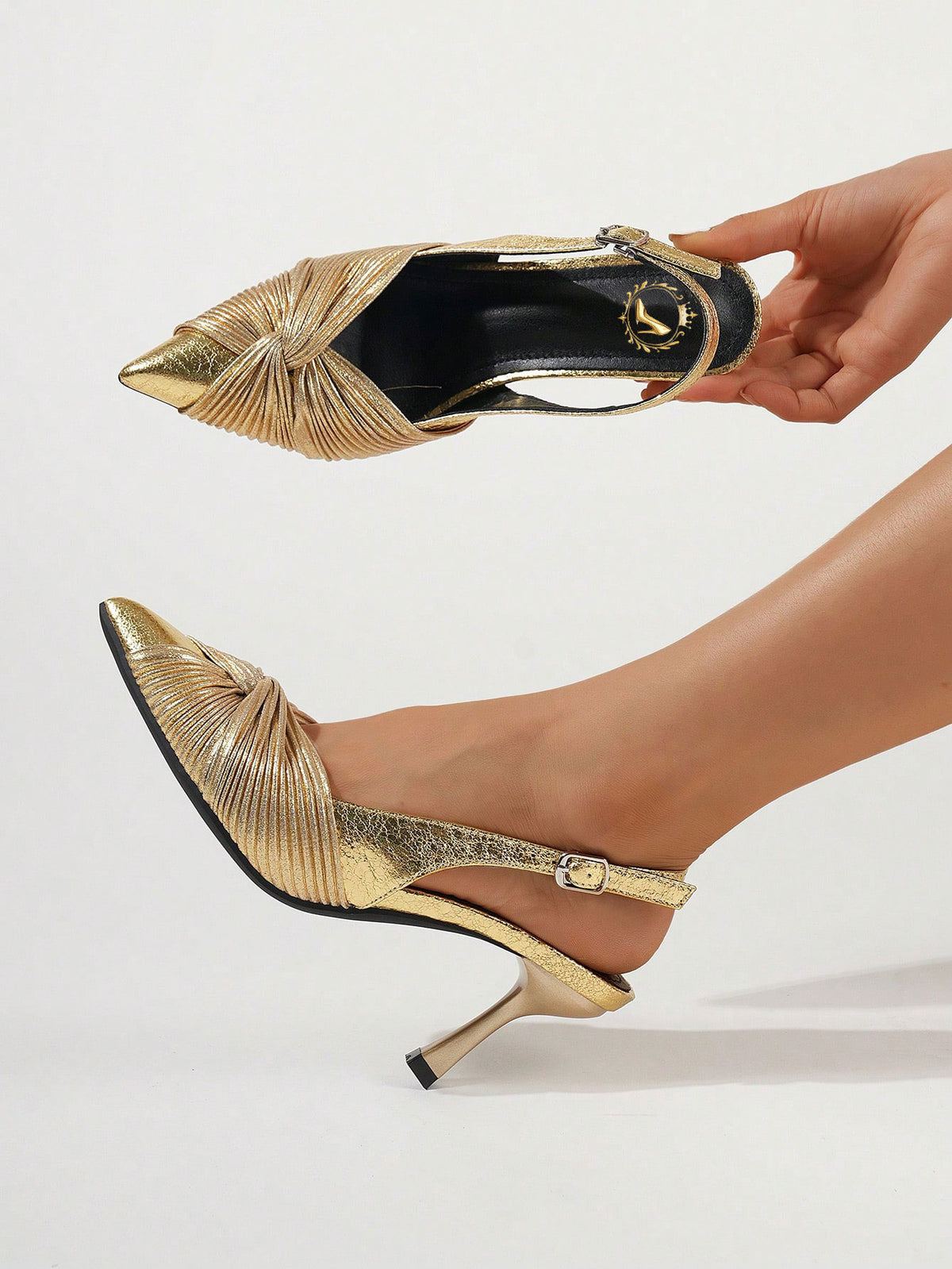 Women Gold Knot Detail High Heels, Elegant Dress Party Shoes, Sexy Pointed Toe Stiletto Sandals With Ankle Straps And Open Back, Elegant Kitten Heels
