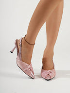 Women Gold Knot Detail High Heels, Elegant Dress Party Shoes, Sexy Pointed Toe Stiletto Sandals With Ankle Straps And Open Back, Elegant Kitten Heels