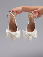 Women's Bowknot Pointy Toe Super High Heel Satin Stiletto Sandals