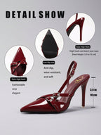 Wine Red Glossy Pointed Toe Buckle Heels