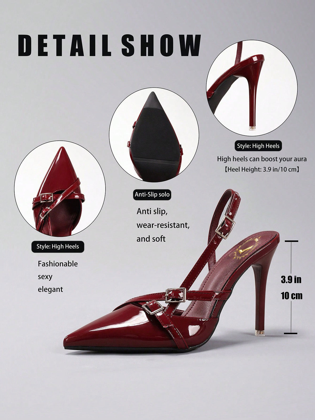 Wine Red Glossy Pointed Toe Buckle Heels
