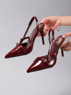 Wine Red Glossy Pointed Toe Buckle Heels