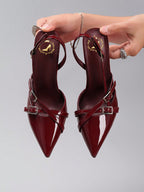 Wine Red Glossy Pointed Toe Buckle Heels