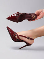 Wine Red Glossy Pointed Toe Buckle Heels