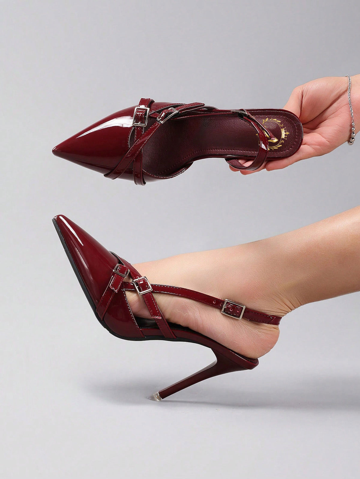 Wine Red Glossy Pointed Toe Buckle Heels
