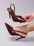 Wine Red Glossy Pointed Toe Buckle Heels