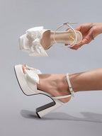 White Bowknot Platform Heels