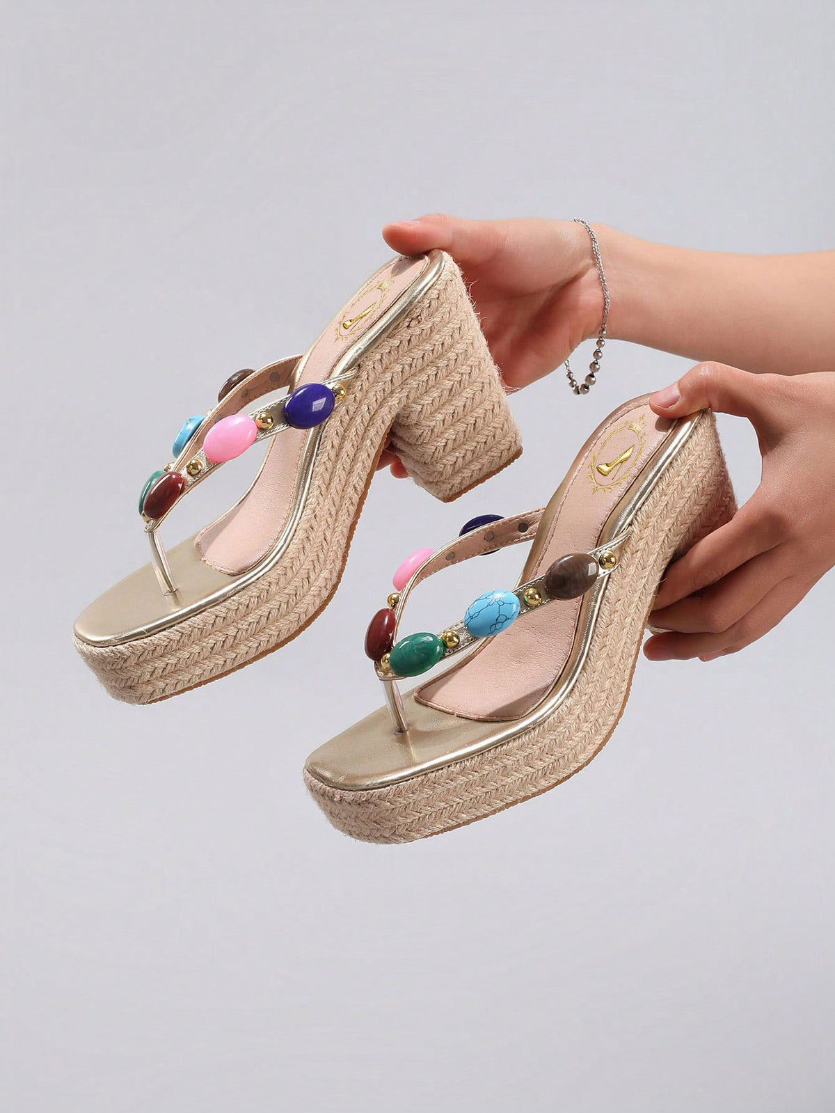 Colorful Beaded Thong Wedge Sandals With Rope Thick Soles, Platform High Heel Summer Vacation Casual Slip-On Stylish Sandals For Women, Flip Flops