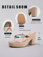 Colorful Beaded Thong Wedge Sandals With Rope Thick Soles, Platform High Heel Summer Vacation Casual Slip-On Stylish Sandals For Women, Flip Flops
