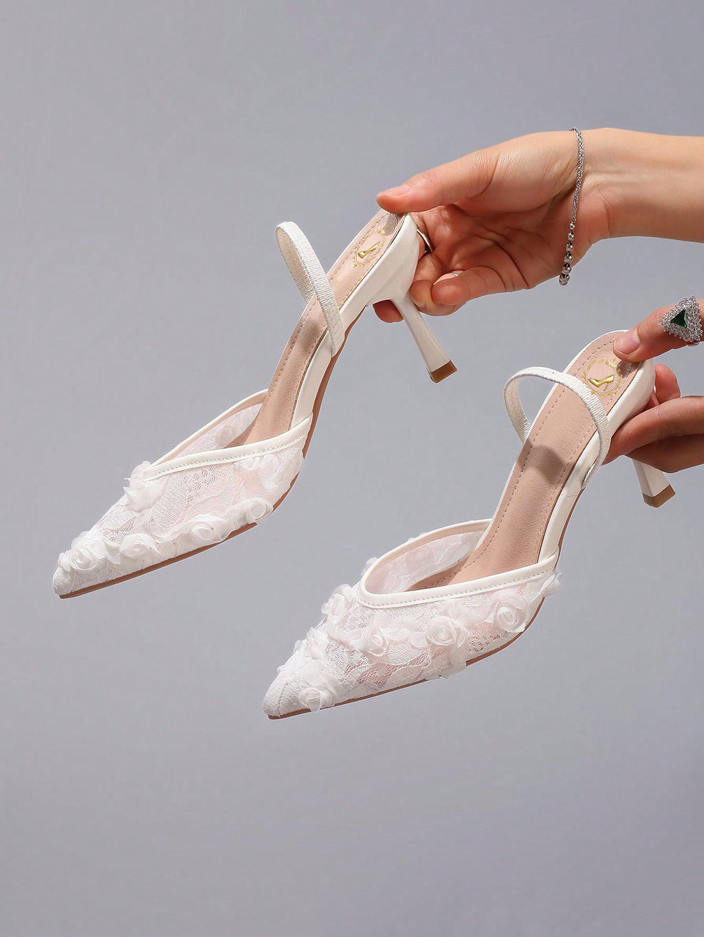 New White Lace High Heels, Sexy Pointed Toe Slingback, Breathable Fashion Party Wedding Stilettos Sandals, Elegant, Mule, Summer Outfits