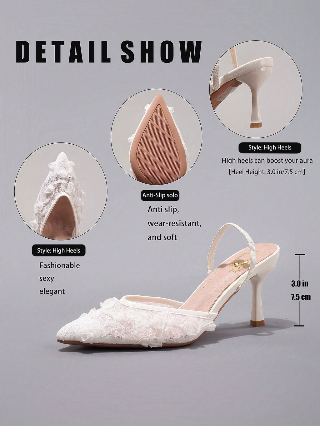 New White Lace High Heels, Sexy Pointed Toe Slingback, Breathable Fashion Party Wedding Stilettos Sandals, Elegant, Mule, Summer Outfits