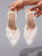 New White Lace High Heels, Sexy Pointed Toe Slingback, Breathable Fashion Party Wedding Stilettos Sandals, Elegant, Mule, Summer Outfits