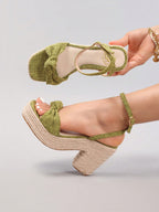Rope Wedge Platform Thick Sole Sandals Twisted Open Toe Summer Vacation Casual High Heel Platform Slides Daily Fashion Grass Green Women's Shoes
