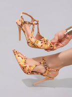 Women's Colorful Pattern High Heel Shoes, Sexy Pointed Toe Party Shoes, Glossy PU Leather Stiletto Sandals
