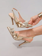 Bowknot Champagne High Heel Shoes, Sexy Pointed Toe Party Shoes, Metallic Glossy Leather Fashion Stiletto Heel Sandals For Women, Summer Shoes