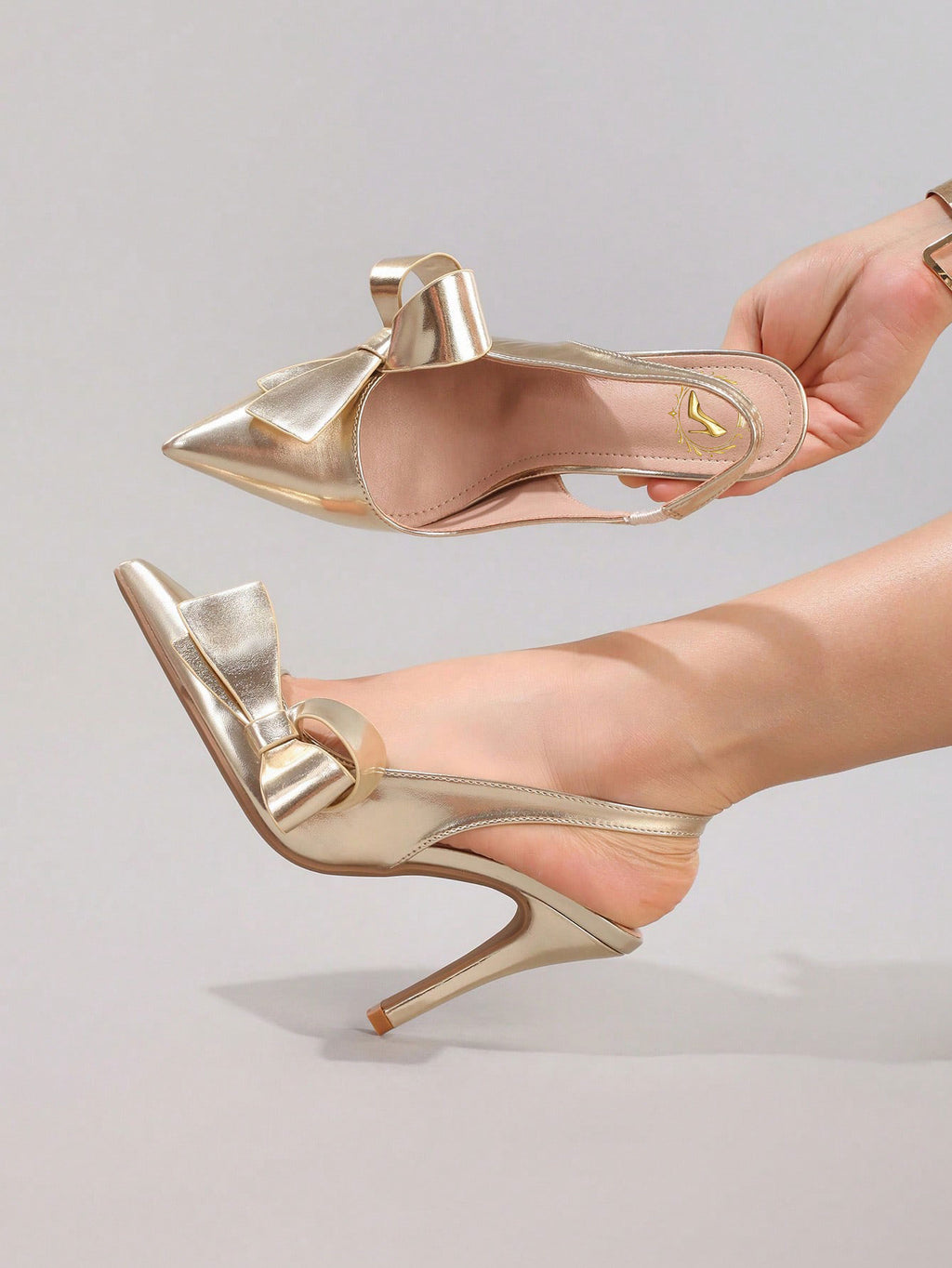 Bowknot Champagne High Heel Shoes, Sexy Pointed Toe Party Shoes, Metallic Glossy Leather Fashion Stiletto Heel Sandals For Women, Summer Shoes