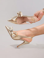 Bowknot Champagne High Heel Shoes, Sexy Pointed Toe Party Shoes, Metallic Glossy Leather Fashion Stiletto Heel Sandals For Women, Summer Shoes