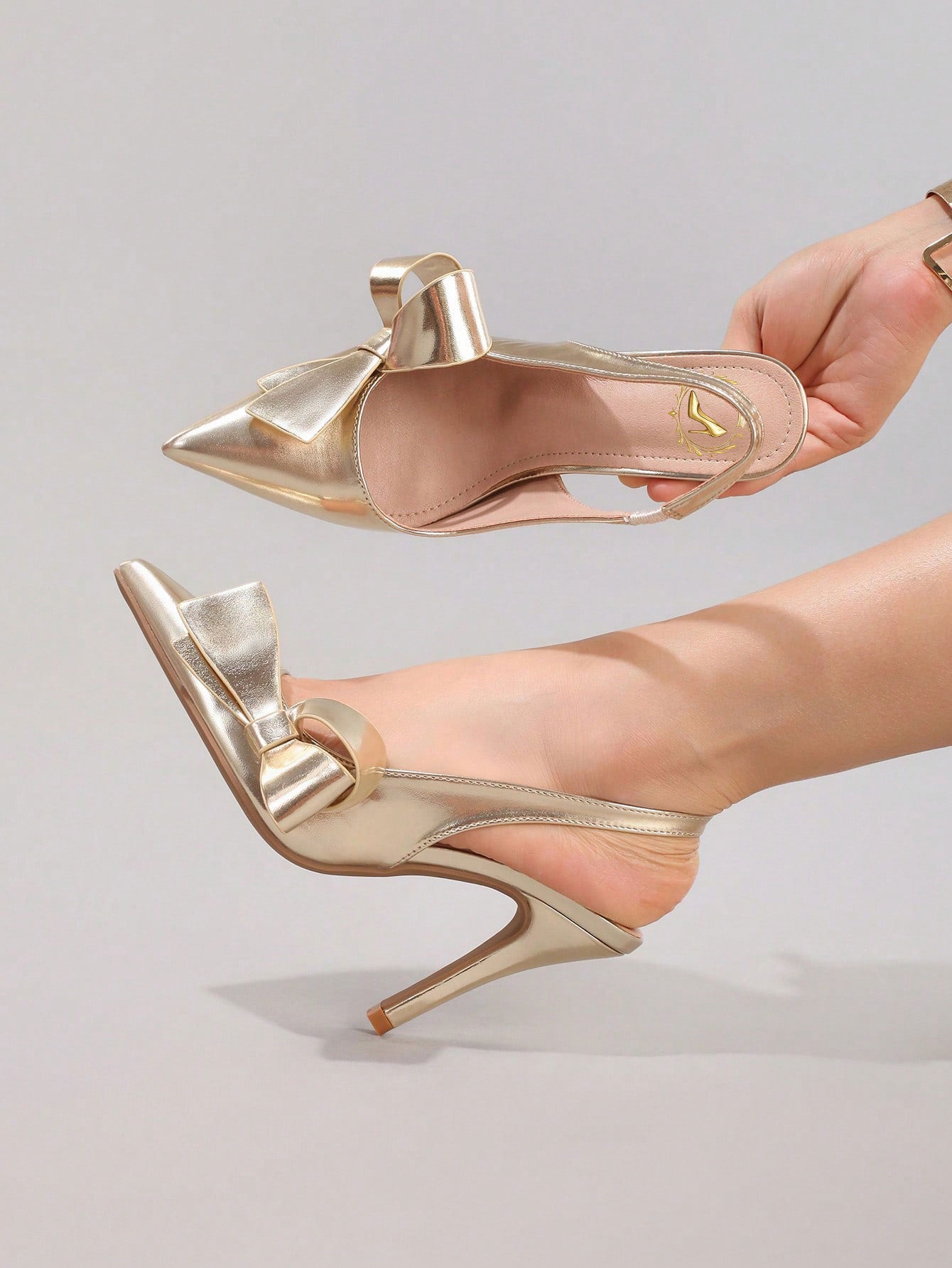 Bowknot Champagne High Heel Shoes, Sexy Pointed Toe Party Shoes, Metallic Glossy Leather Fashion Stiletto Heel Sandals For Women, Summer Shoes