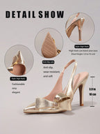 Bowknot Champagne High Heel Shoes, Sexy Pointed Toe Party Shoes, Metallic Glossy Leather Fashion Stiletto Heel Sandals For Women, Summer Shoes