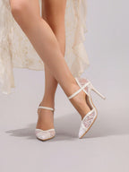 Fashionable Lace Embroidered White High Heel Shoes, Sexy Pointed Toe Party Evening Pumps, Super High Heel Hollow Out Stilettos For Women, Wedding Outfits