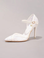 Fashionable Lace Embroidered White High Heel Shoes, Sexy Pointed Toe Party Evening Pumps, Super High Heel Hollow Out Stilettos For Women, Wedding Outfits