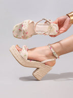 Fashion Embroidered Rope Wedge Platform Thick Sole Sandals Open Toe Summer Vacation Casual High Heel Platform Slides Daily Women Shoes