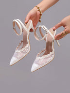 Fashionable Lace Embroidered White High Heel Shoes, Sexy Pointed Toe Super High Heel Formal, Wedding, Stilettos Sandals For Women, Gala, Party