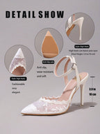 Fashionable Lace Embroidered White High Heel Shoes, Sexy Pointed Toe Super High Heel Formal, Wedding, Stilettos Sandals For Women, Gala, Party