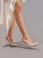 Fashionable Embroidered Chain Decor High Heel Shoes, Sexy Pointed Toe Super High Heels For Ball, Party, Wedding, Elegant White Super High Heels For Women,Mothers Day Gift