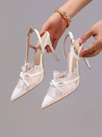 Fashion Lace Patchwork Fringe White High Heel Shoes