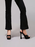 Fashionable Lace Embroidered High Heel Sandals, Sexy Party Shoes, Open Toe Square Heel Mules, High Platform Wedge Heels, Wine Red Women's High Heels
