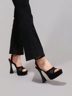 Fashionable Lace Embroidered High Heel Sandals, Sexy Party Shoes, Open Toe Square Heel Mules, High Platform Wedge Heels, Wine Red Women's High Heels