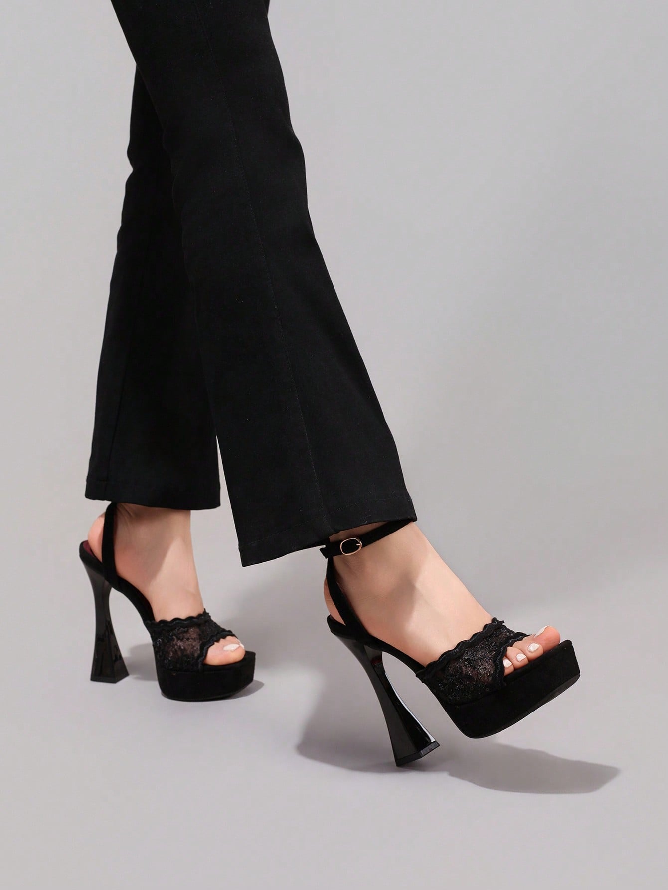 Fashionable Lace Embroidered High Heel Sandals, Sexy Party Shoes, Open Toe Square Heel Mules, High Platform Wedge Heels, Wine Red Women's High Heels