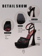 Fashionable Lace Embroidered High Heel Sandals, Sexy Party Shoes, Open Toe Square Heel Mules, High Platform Wedge Heels, Wine Red Women's High Heels
