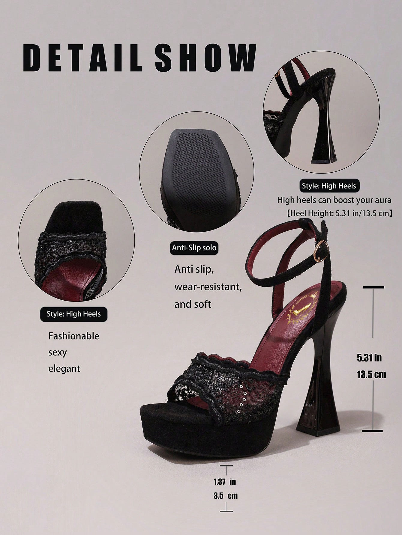 Fashionable Lace Embroidered High Heel Sandals, Sexy Party Shoes, Open Toe Square Heel Mules, High Platform Wedge Heels, Wine Red Women's High Heels