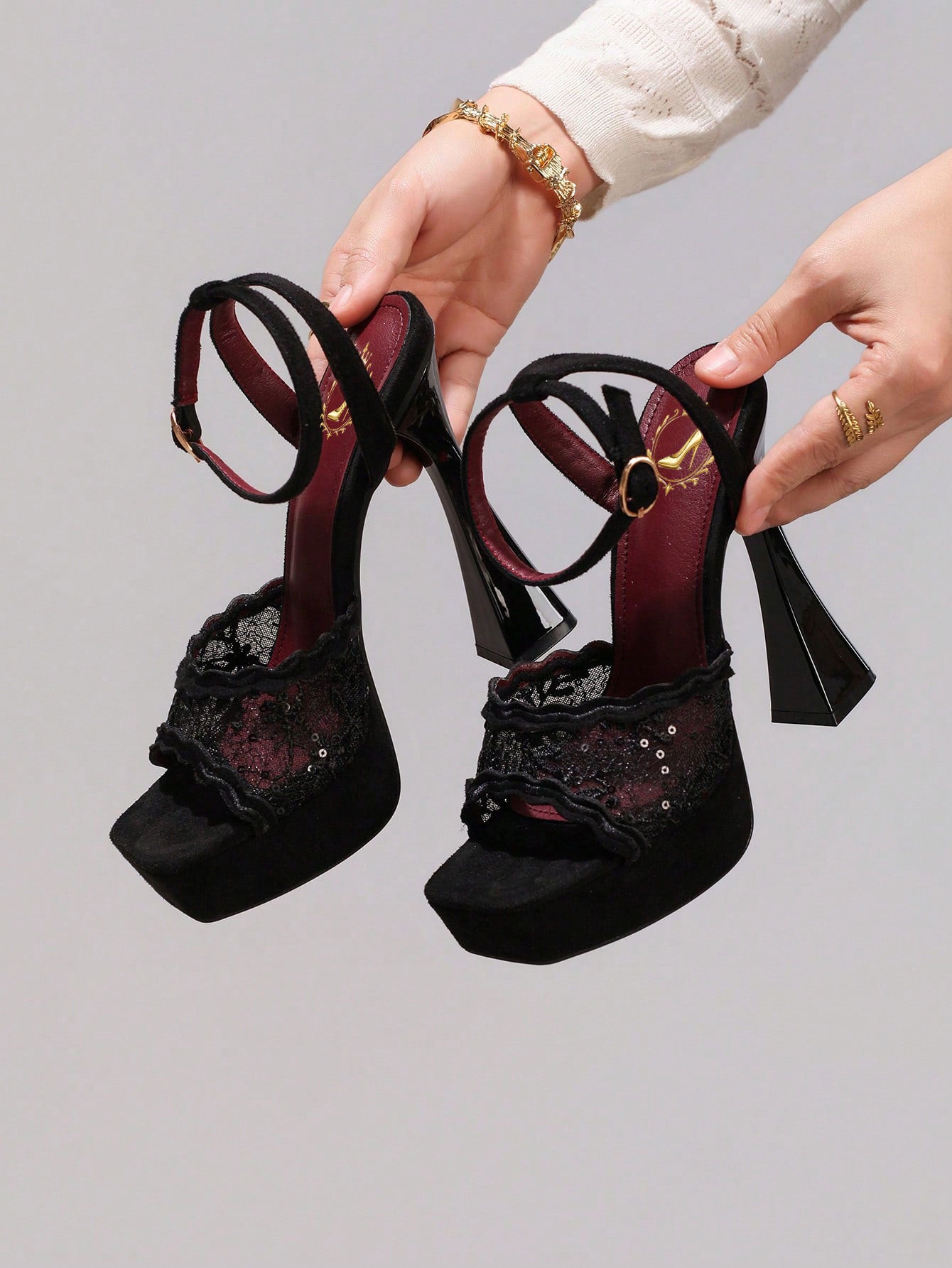 Fashionable Lace Embroidered High Heel Sandals, Sexy Party Shoes, Open Toe Square Heel Mules, High Platform Wedge Heels, Wine Red Women's High Heels