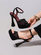 Fashionable Lace Embroidered High Heel Sandals, Sexy Party Shoes, Open Toe Square Heel Mules, High Platform Wedge Heels, Wine Red Women's High Heels