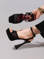 Fashionable Lace Embroidered High Heel Sandals, Sexy Party Shoes, Open Toe Square Heel Mules, High Platform Wedge Heels, Wine Red Women's High Heels