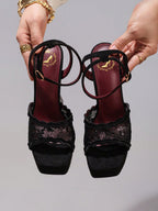 Fashionable Lace Embroidered High Heel Sandals, Sexy Party Shoes, Open Toe Square Heel Mules, High Platform Wedge Heels, Wine Red Women's High Heels