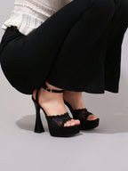 Fashionable Lace Embroidered High Heel Sandals, Sexy Party Shoes, Open Toe Square Heel Mules, High Platform Wedge Heels, Wine Red Women's High Heels