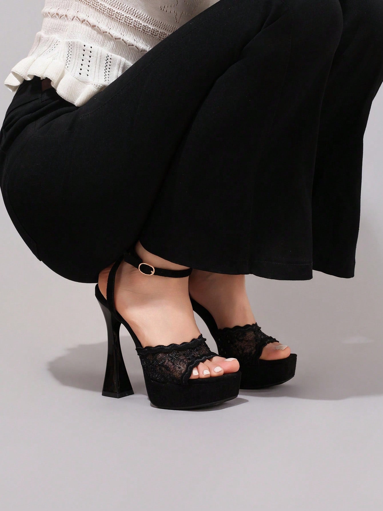 Fashionable Lace Embroidered High Heel Sandals, Sexy Party Shoes, Open Toe Square Heel Mules, High Platform Wedge Heels, Wine Red Women's High Heels