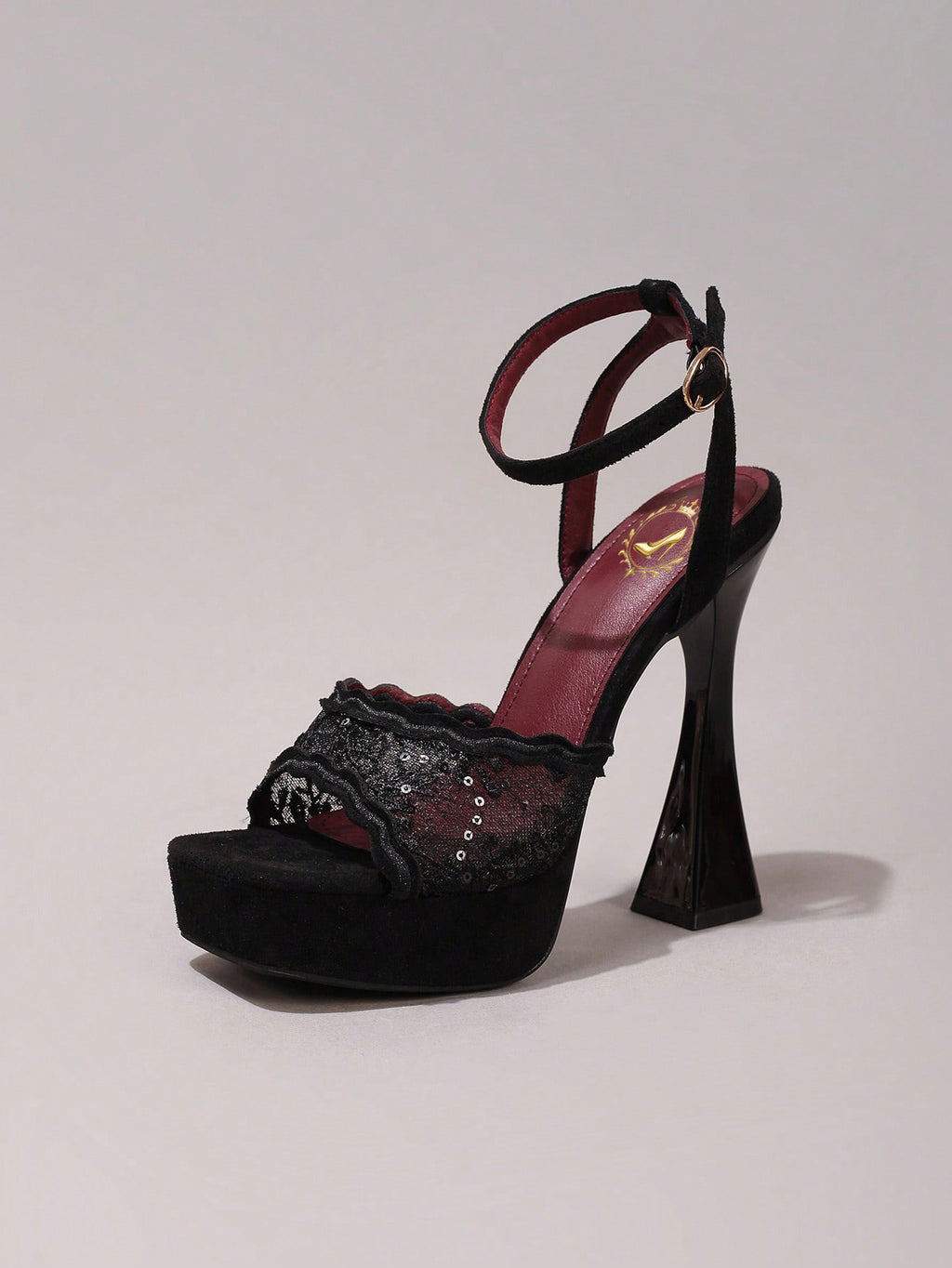 Fashionable Lace Embroidered High Heel Sandals, Sexy Party Shoes, Open Toe Square Heel Mules, High Platform Wedge Heels, Wine Red Women's High Heels