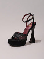 Fashionable Lace Embroidered High Heel Sandals, Sexy Party Shoes, Open Toe Square Heel Mules, High Platform Wedge Heels, Wine Red Women's High Heels