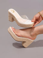 Hemp Rope Platform Thick Bottom Sandals, Transparent TPU Strap Open Toe, Summer Vacation Casual High Heel Slippers, Daily Fashion Lightweight Comfortable Women Shoes