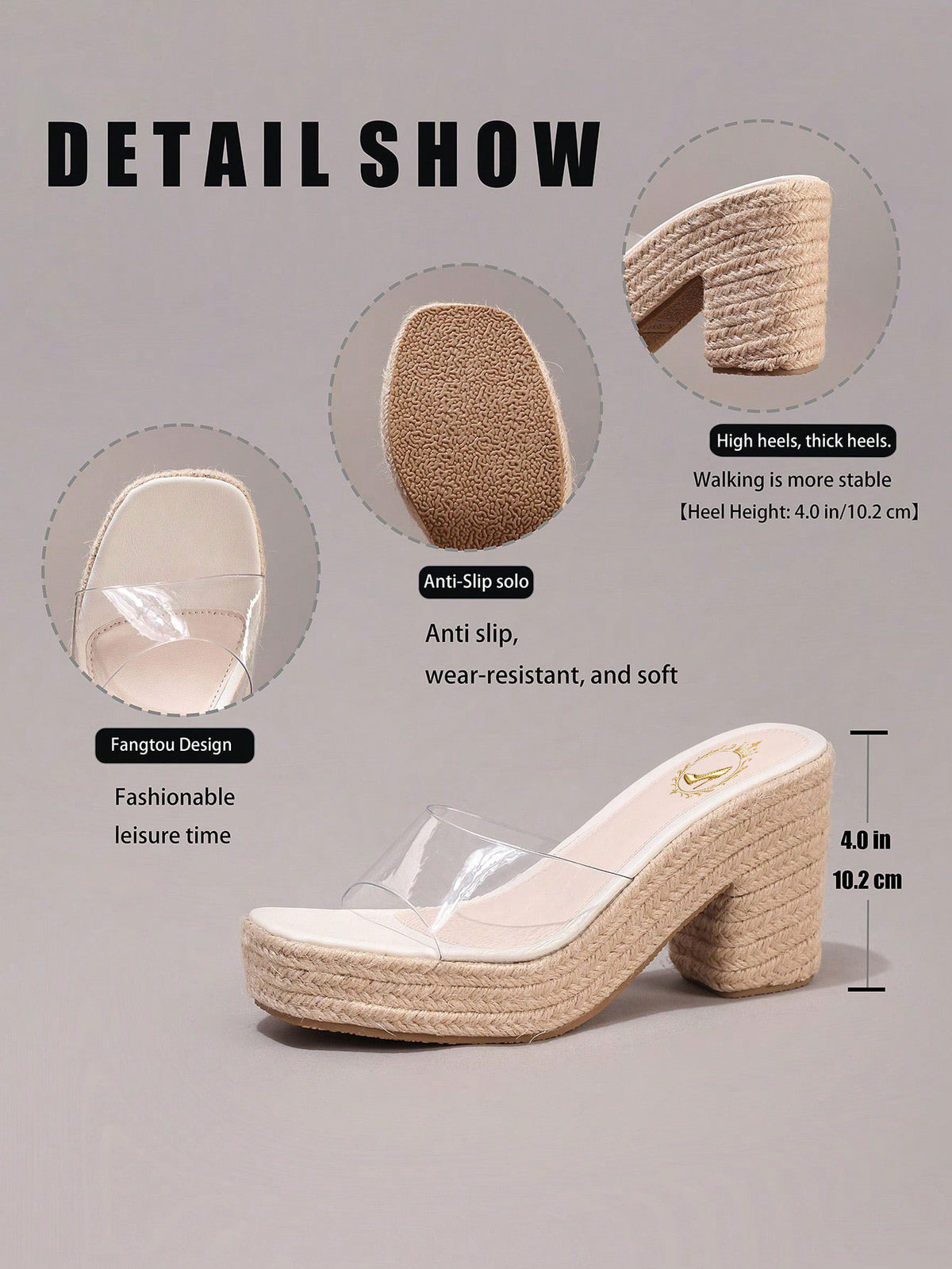 Hemp Rope Platform Thick Bottom Sandals, Transparent TPU Strap Open Toe, Summer Vacation Casual High Heel Slippers, Daily Fashion Lightweight Comfortable Women Shoes