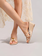 Women's Platform Slide Sandals With Metal Buckle Strap, Open Toe, Summer Vacation Casual Elevated Slip-On Shoes