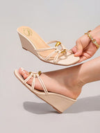 Women's Platform Slide Sandals With Metal Buckle Strap, Open Toe, Summer Vacation Casual Elevated Slip-On Shoes